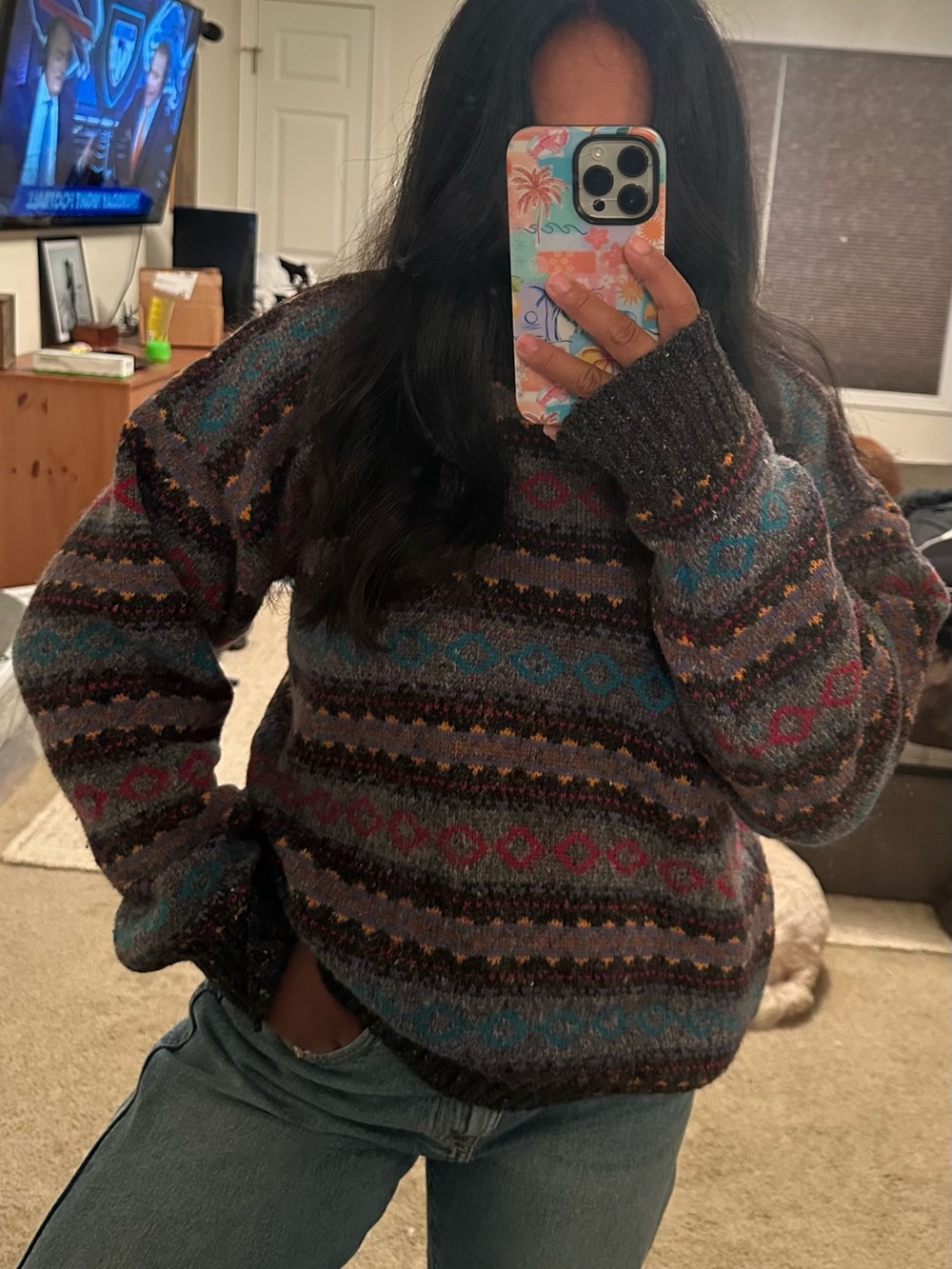 Cozy Multicolor Fair Isle Knit Sweater - Women's Crewneck